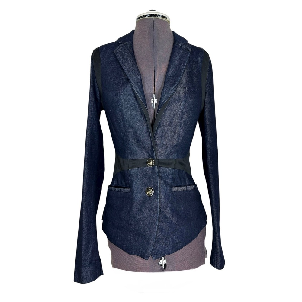 Apple Bottoms Denim & Black Inserts Notch Lapel Button Stretch Blazer Jacket S